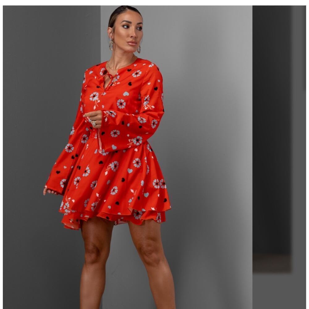 by Egreis amani Floral Long Sleeve Empire Waist Bell Sleeve Mini Dress S